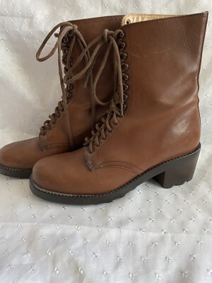 Free Lance Paris Boots Brown Leather In Out Block Heel Lace Up Sz 37 US  6-7