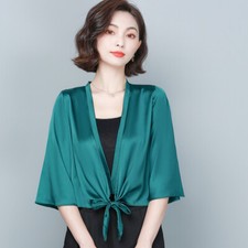 Femme Faux Satin Soie Boléro Cardigan Court Haut Nœud Ouvert Avant Mode