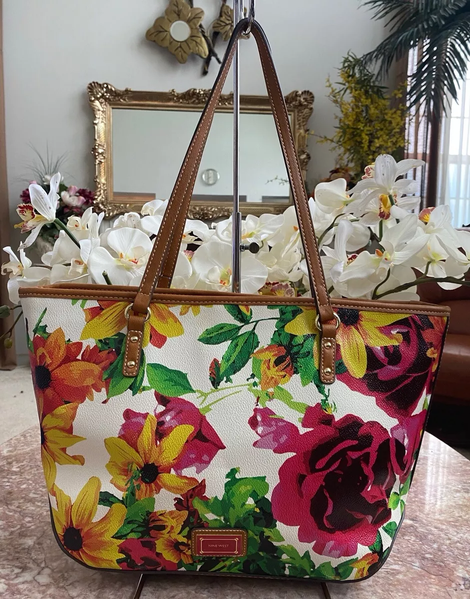 Nine West Multicolor Floral Print Coated Canvas Large Shopper Tote Bag EUC!  $110