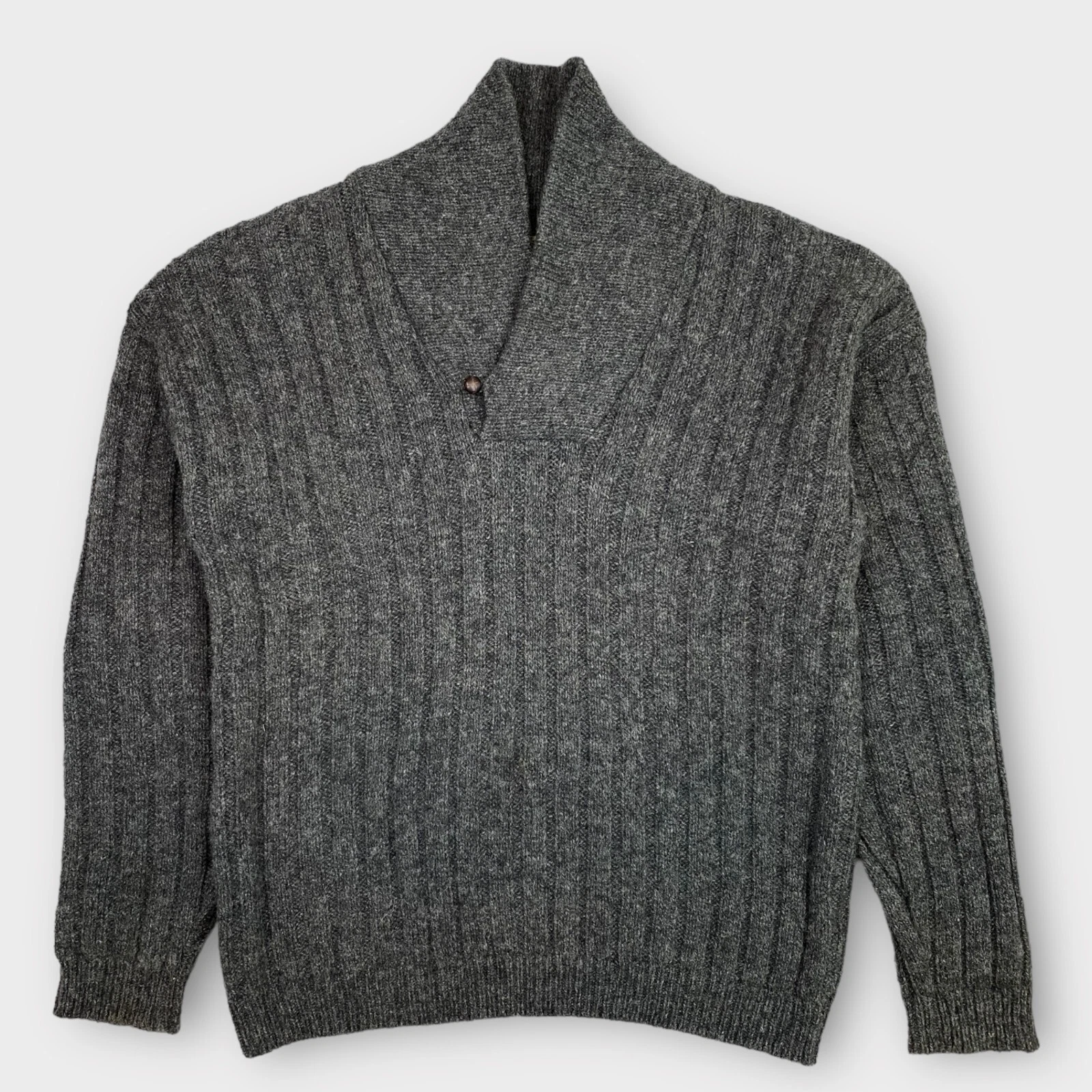 Woolrich Sweater Mens Large Wool Gray Made in USA Shawl Ribbed Nordic Fisherman