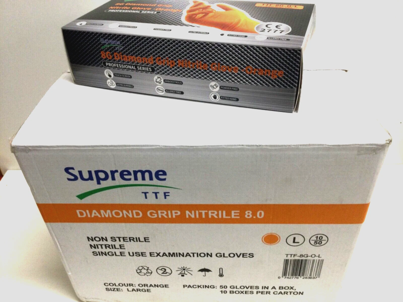 1 ETUI DE GRANDS GANTS JETABLES EN NITRILE ORANGE POIGNÉE DIAMANT SURÉLEVÉE TTF 8G O L