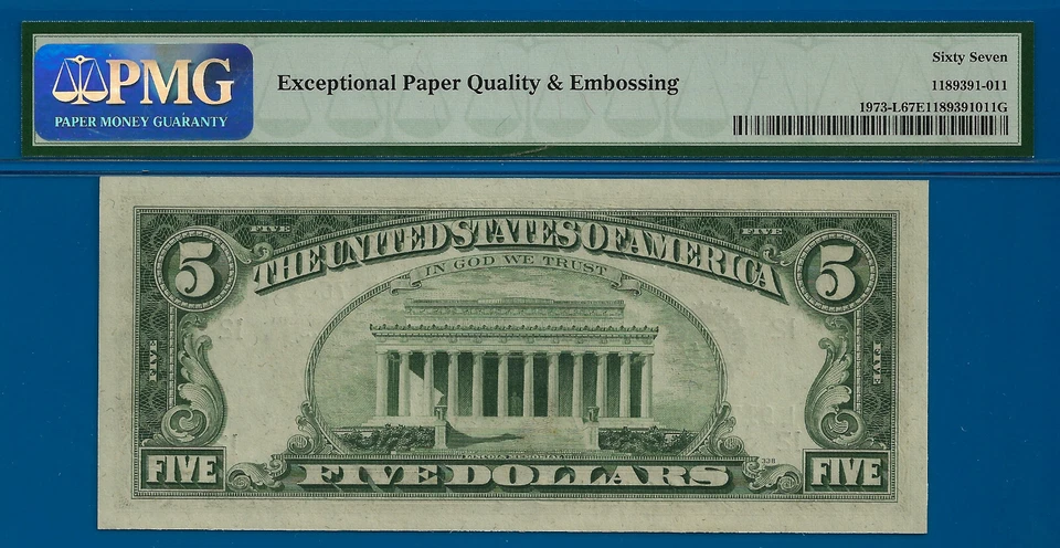 1974 $5 FRN San Francisco PMG 67EPQ Top pop highest graded LD Block Fr 1973-L - Image 3 of 3