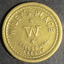 Wiley's Place -- Hillsboro Oregon G/F 5c Brass Trade Token "W"  22mm