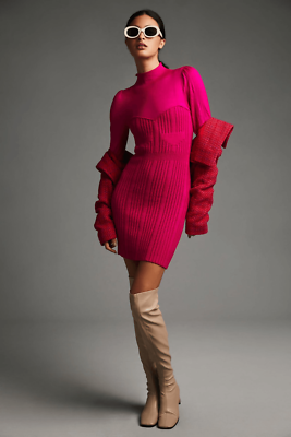 Anthropologie Pink Sweater Knit Long Sleeve Mini Dress Turtleneck Jumper  Small | eBay