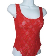 Sears Lingerie Teddy One Piece Red Nylon Gold Metallic Accent Size S New Vintage