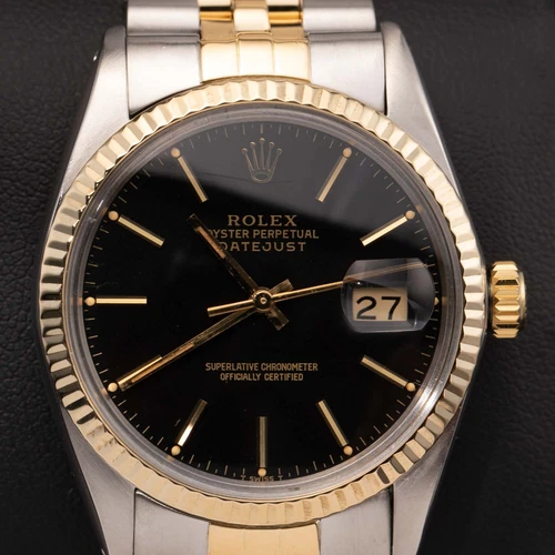 Rolex Datejust 16013 Fluted Bezel Watch 36mm Two-Tone Jubilee Black Dial