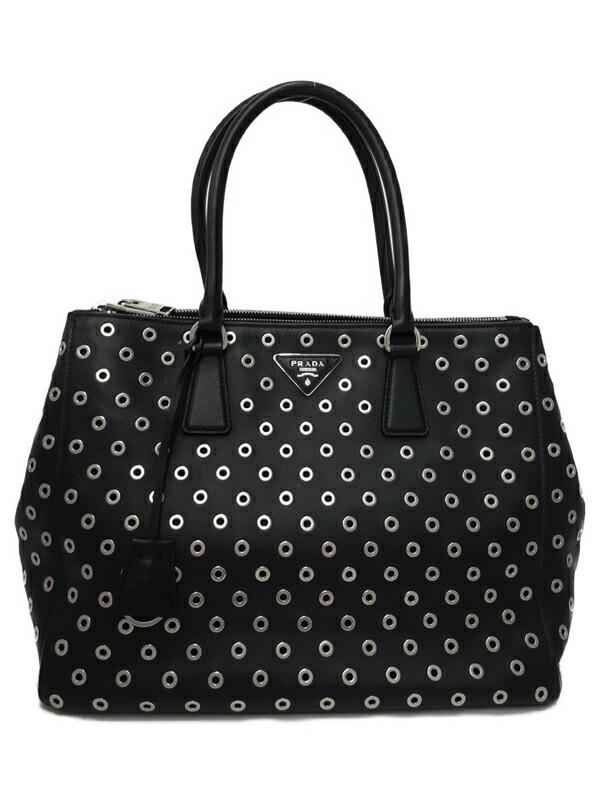 Prada Black Leather Grommet Tote Bag with Silver Hardware T1500