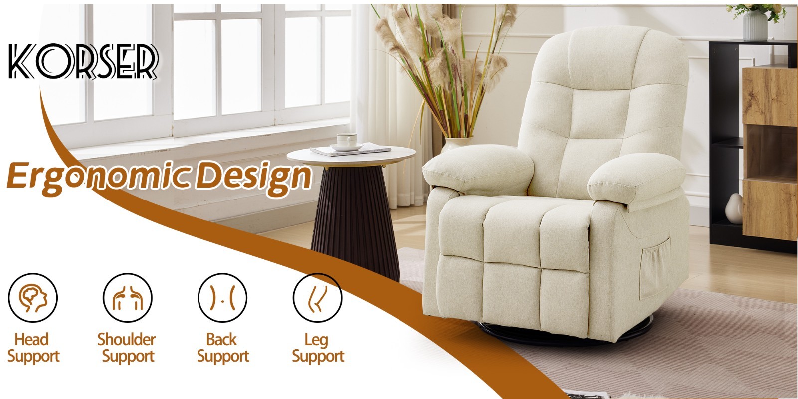 Linen Manual Swivel Rocker Recliner Chair with Side Pockets for Small Spaces