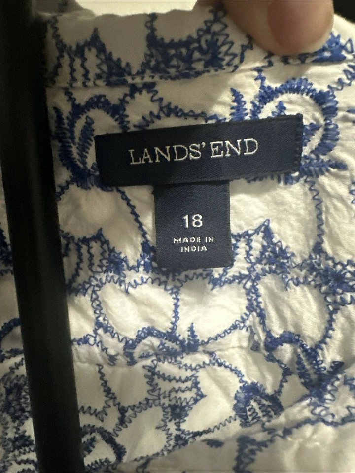 Camisa Lands End Mujer 18 Bordada Floral Azul Blanco Pullover Botones Dorados Foto 3 de 4