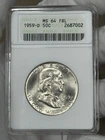 1959-D Franklin Silver Half Dollar 50C ANACS MS64 FBL Full Bell Lines Soapbox BU