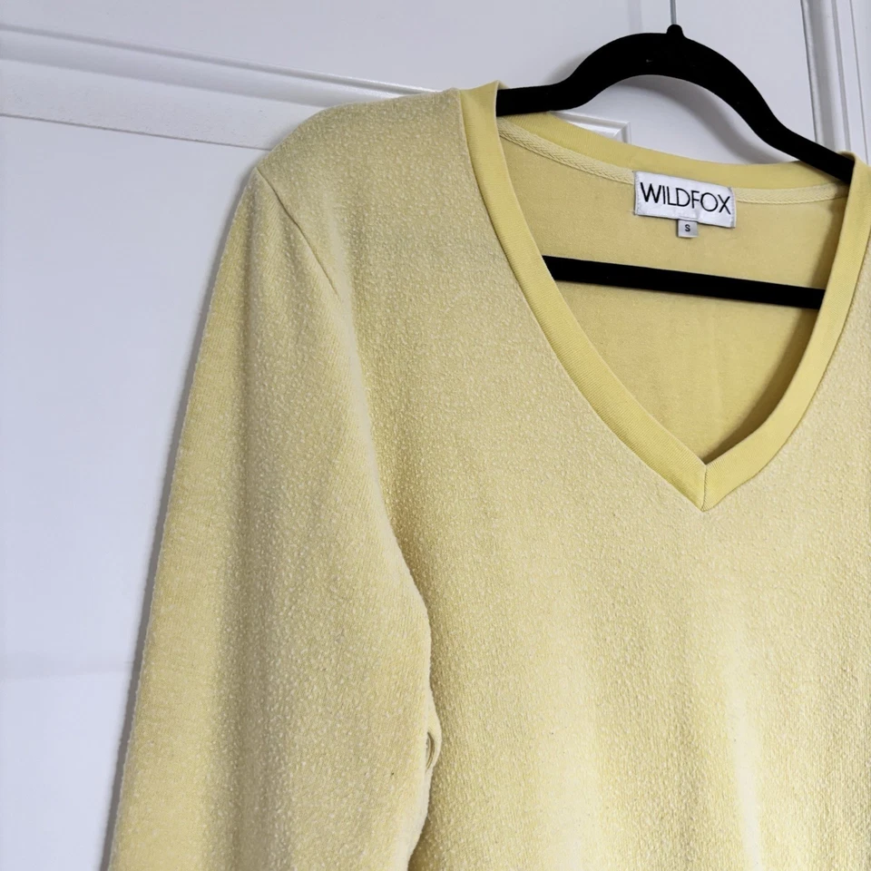 Sudadera Jersey Wildfox Cuello en V Mujer Pequeña Amarilla EE. UU. Tela Envejecida Foto 4 de 4