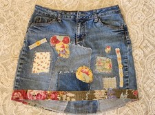 Upcycled Denim Skirt with floral appliqué - size 10 / Medium