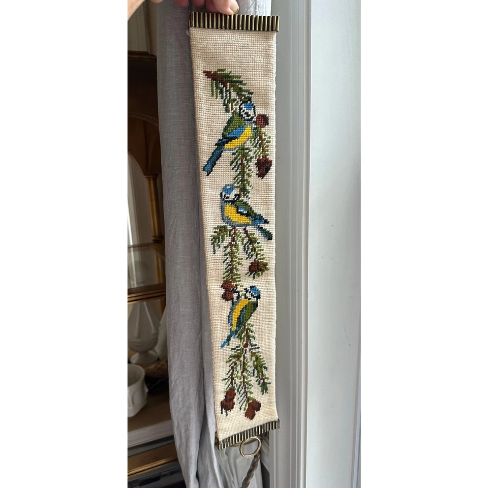Vintage Christmas Cross Stitch Tapestry Wall Hang Needlepoint Holiday blue tit  - Image 2 of 4