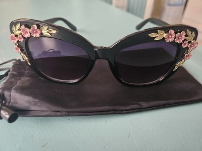 Sonnenbrille Schwarz Extravagant mit Emaille Blumen Detail Damen Cateye NEU