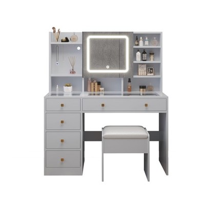 Pitted Tempered Glass Table Top 5 Drawers Mirror Cabinet Dressing Table Set