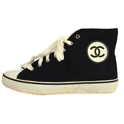 CHANEL CC Logos High Cut Sneakers String Shoes Black White A01852 #38 25589