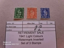 1941 GVI SG 485-89wi  Wmk Inverted Light Colours FU Set of 3 #10 Retirement Sale
