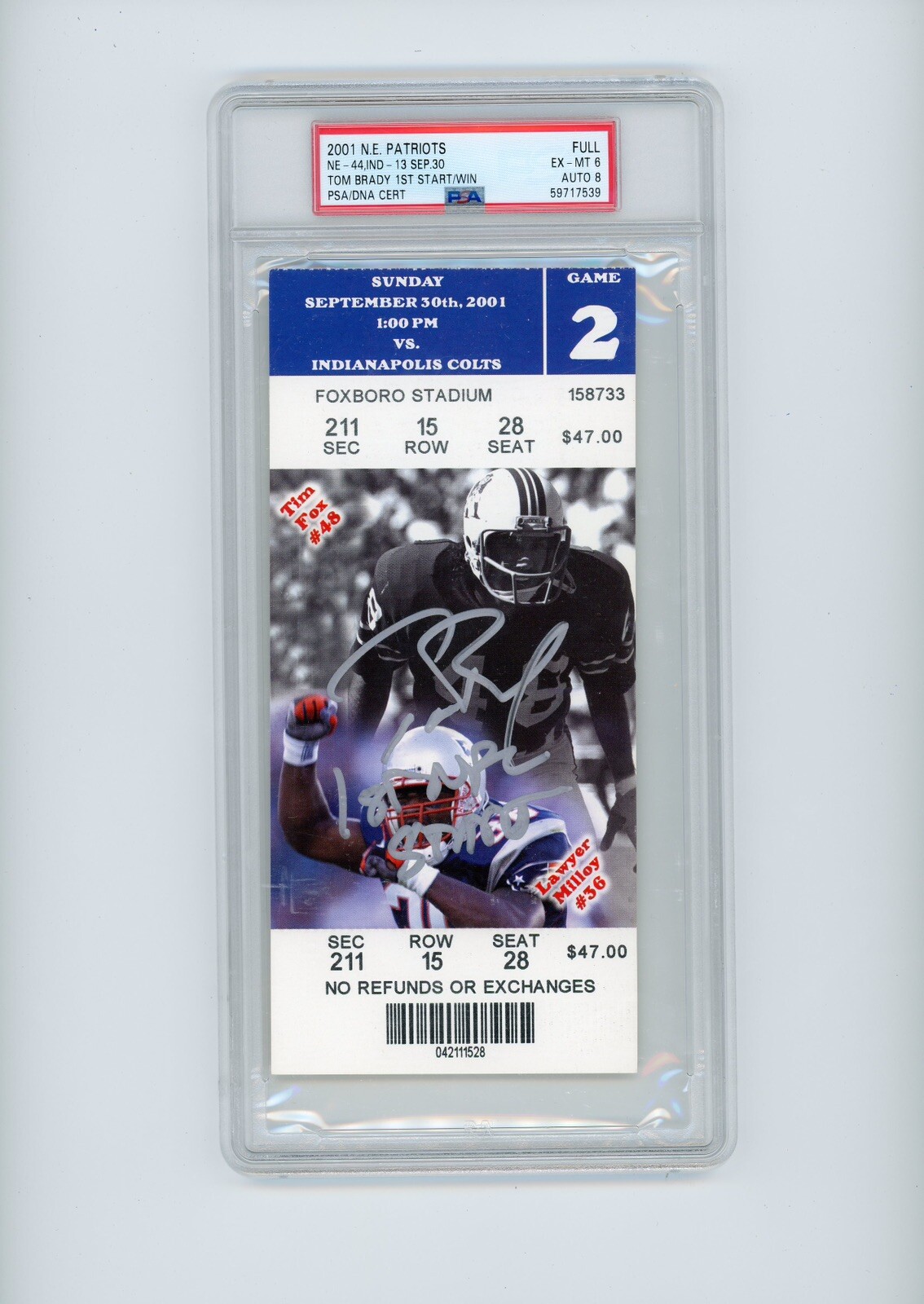 Tom Brady Autographed Signed 9/30/2001 1st NFL Start & Win FULL Ticket PSA 6 AUTO 8 v Peyton Manning 