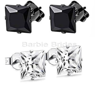 Pairs of 316L Surgical-Steel Black Silver Square CZ Men