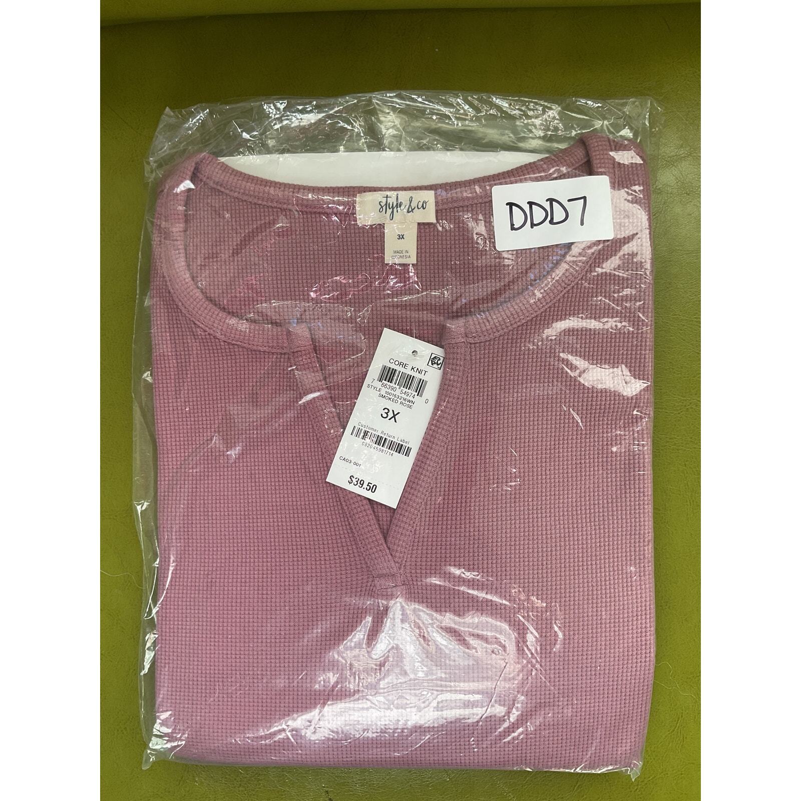 Style Co V Neck Waffle Knit Long Sleeve Tee 3XL Smoked Rose NIP 