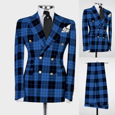 New Men's Royal Blue Plaid Suits Slim Fit Peak Lapel 2 Pieces Wedding Party Wear