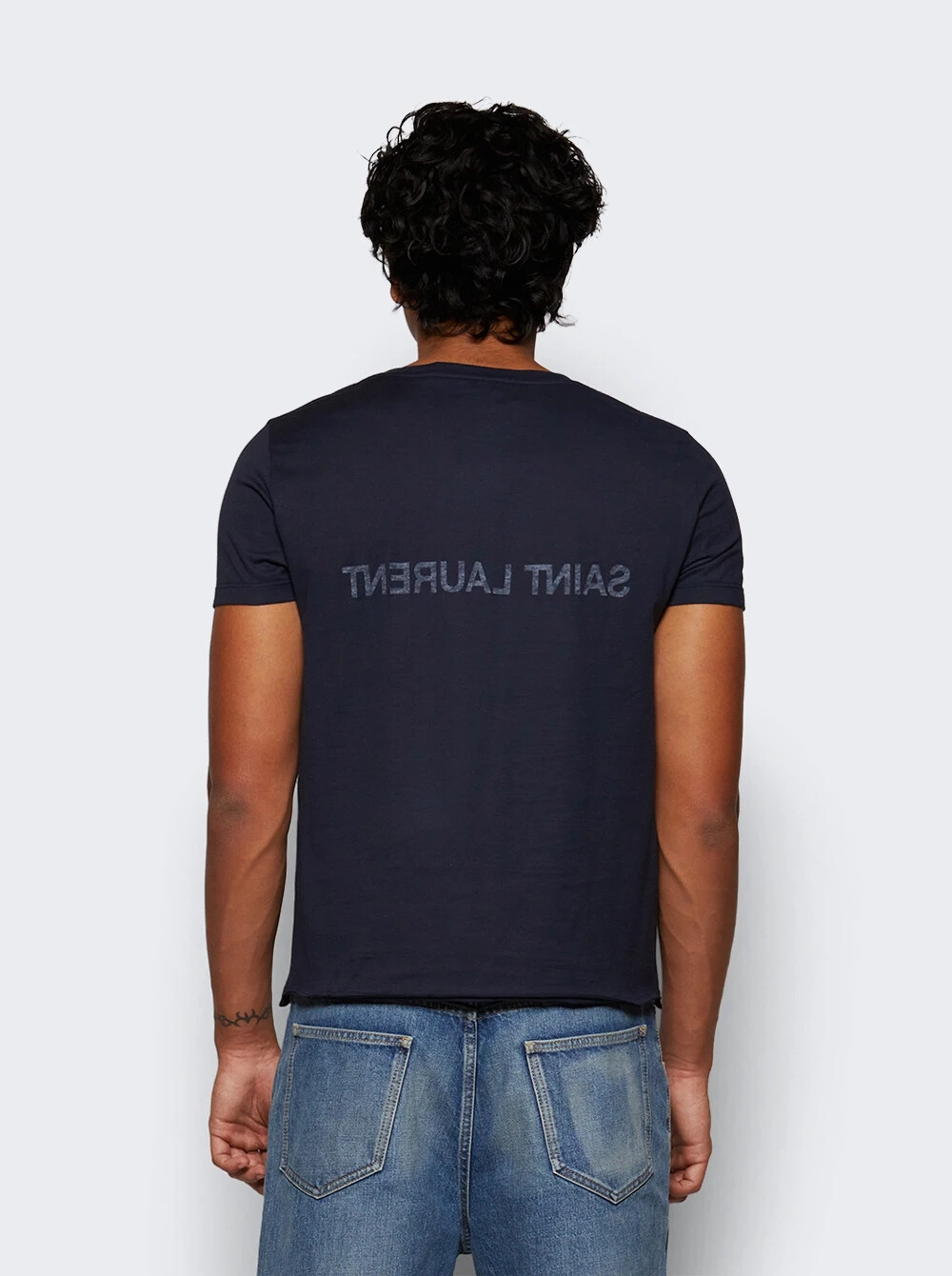 T shirt Saint Laurent $620 con logo inverso marina e naturale XXL