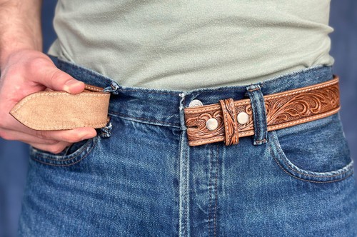 Herren Echt Leder Western Männer Gürtel Riemen geprägt Handarbeit ohne Schnalle - Bild 10 von 15