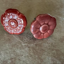 Anthropologie Set Of 2 Red Orange Ceramic Flower Drawer Cabinet Pull Knobs