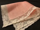 #7850🌟Vintage 30s French Coral Linen & Fine Needle Lace Wedding Handkerchief