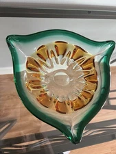 Vintage Art Glass Cigar Ashtray Green Gold Clear 3 Sided Heavy 10" Width