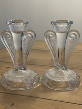 Pair Of Art Deco Ornate Heavy Pressed Glass Candle Sticks Holders Cottage Core