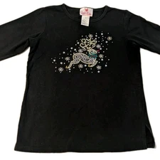 Quacker Factory Top Sz XS Black Studded Reindeer Tee Hipster Momcore 3/4 Sleeve 