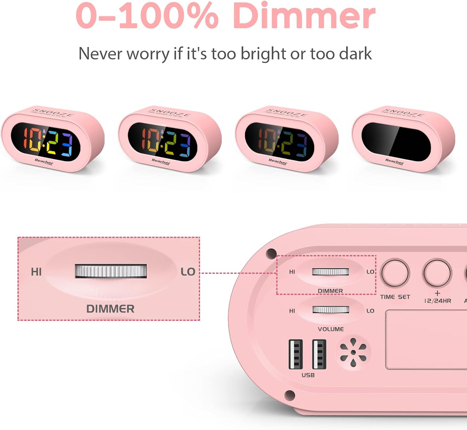 Pink Girls Alarm Clock LED Digital Display USB Charger Adjustable Volume Snooze