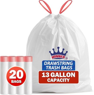 WINNER Trash Bags 13 Gallon, 20 Count Drawstring Tall Kitchen Garbage Bags