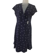 VTG 90s J Peterman Silk Wrap Dress Navy Floral Minimalist Size 6 Cottagecore
