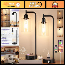 Set of 2 Industrial Touch Table Lamps - 3-Way Dimmable, USB Ports, Glass Shade