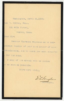 1898 Signed Letter E Snyder Secretary 4 Senator John M Thurston DC Nebraska