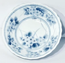 Japanese Mino yaki Blue & White Flowers with Hint of Pink Scalloped Bowl