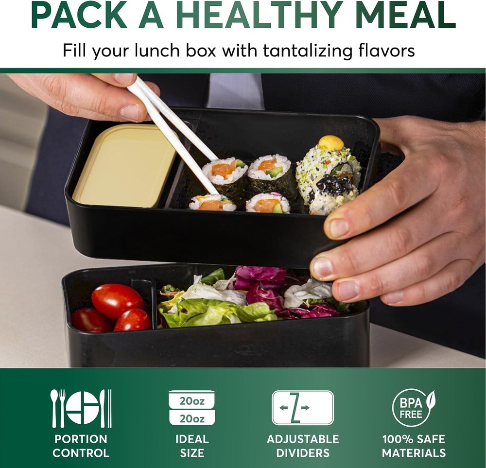 Umami Bento Box Adult All-In-1 w/4 Utensils Big Sauce Jar 2 Dividers 100% Lea...