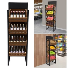 Market Retail Display Rack, Wood Fruit Vegetable Storage Rack Fruit Basket Stand