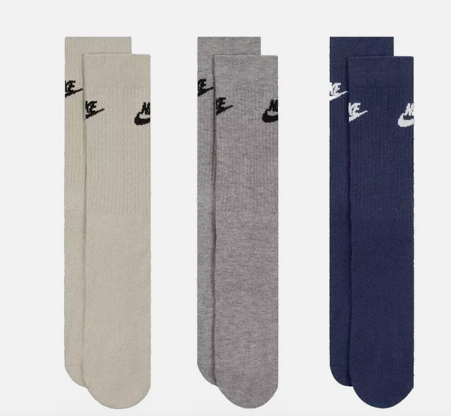NEW Nike DriFIT Crew Socks 3 Pack DX5025903 MultiColor Blue/Grey/Tan