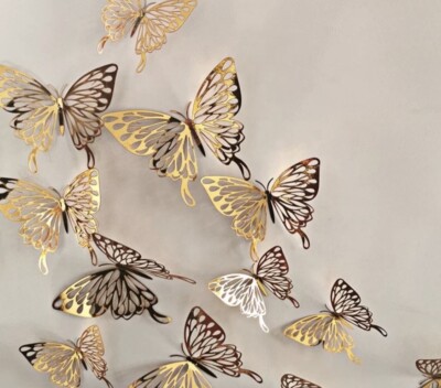 12 Pcs 3D Butterflies Wall Art, Gold Cake Topper Dessert Decor Home ...