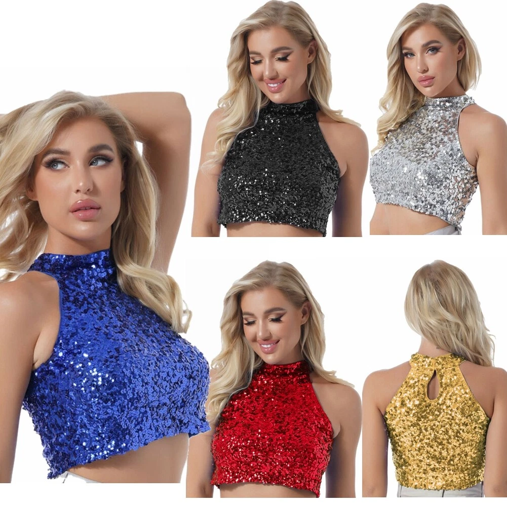 Women\'s Sparkling Sequines Crop Tops Glitter Dance Rave T-shirt Clubwear  Costume | eBay