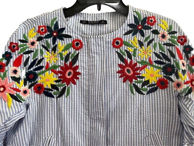 Zara Basics Blue Seersucker Embroidered Jacket Zip Front Ruffled