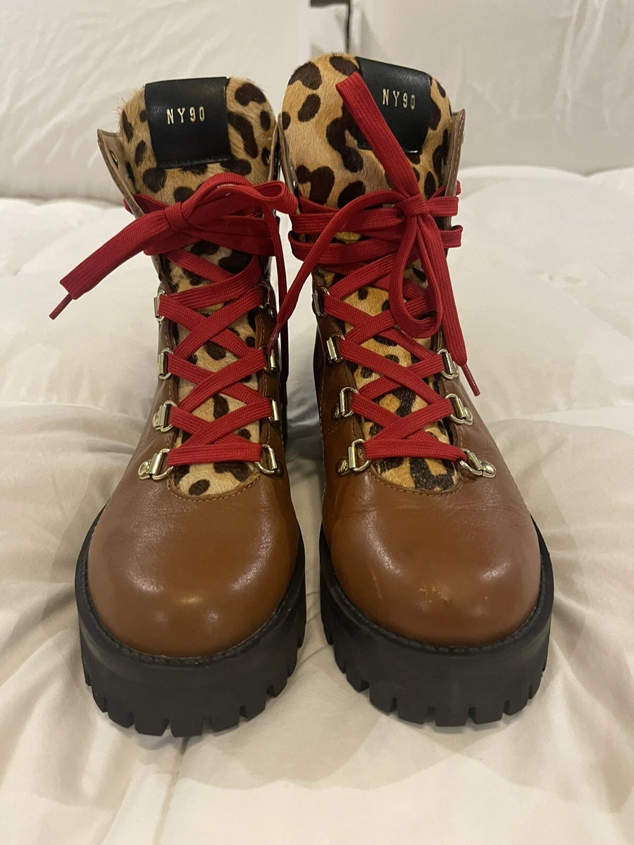Steve Madden Brown Leather Combat Boots Size 8 NY90 leopard cow hair red laces