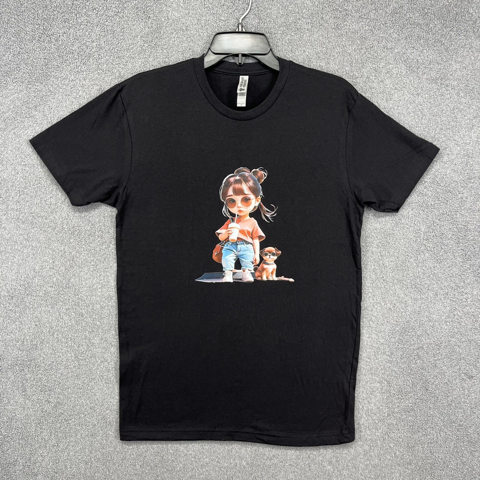 Cute cartoon Graphic T-Shirt Small Black girl dog print design Tee