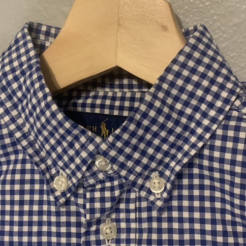 Ralph Lauren Shirt Boy 7 Blue Gingham Poplin Short Sleeve Button Down 100% Cotto