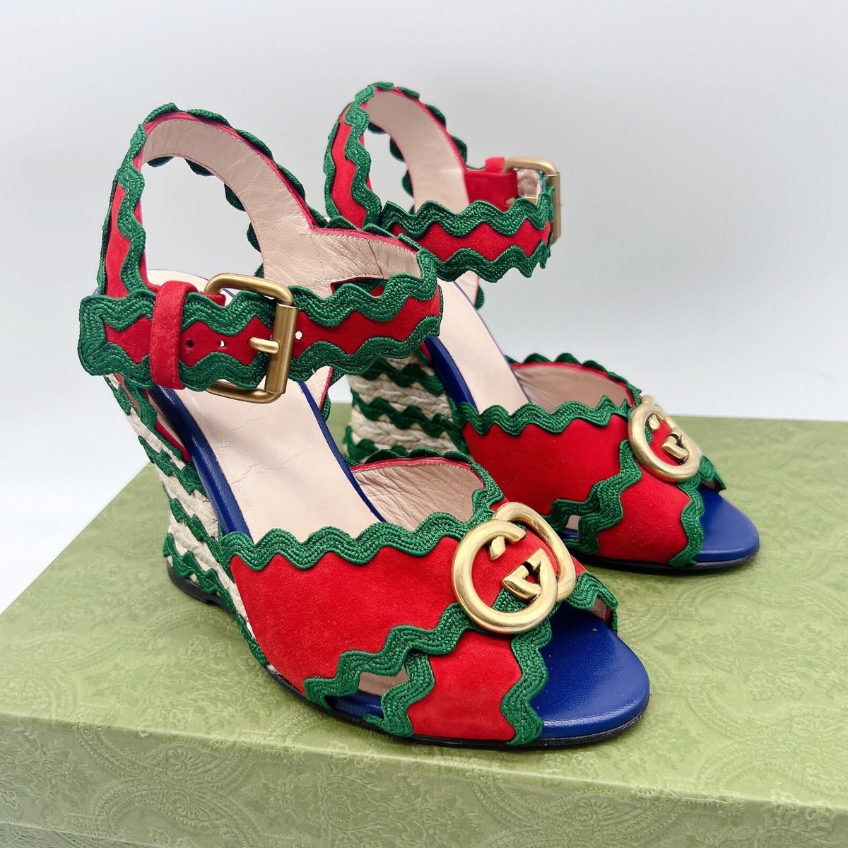 Gucci Shelly GG Logo Wedge Heels Sandals Red Green Interlocking EU