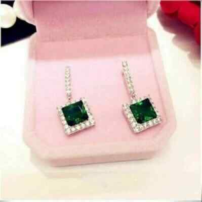 3.50Ct Lab Created Green Emerald Drop & Dangle Earrings 14K White Gold Finish