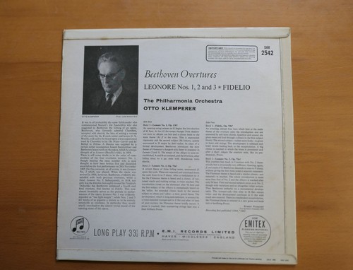 SAX 2542 ED1 Beethoven Four Overtures Fidelio Klemperer Columbia 1st Stereo NM - Picture 5 of 5